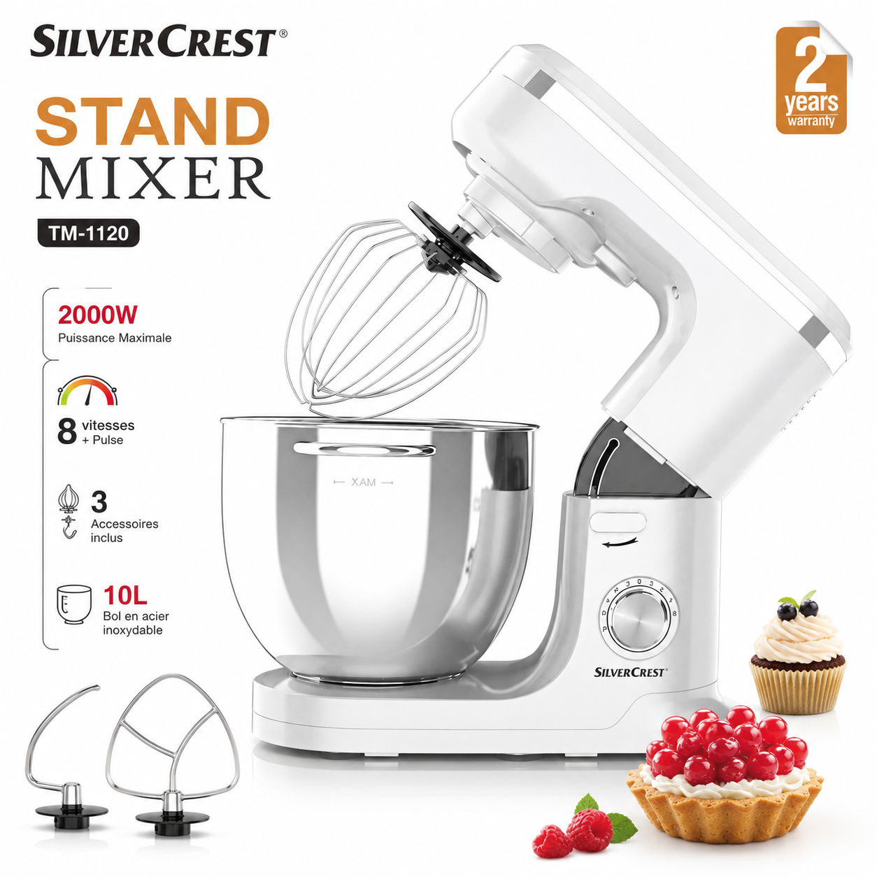 Robot pâtissier professionnel Silvercrest 2000W_10L_ 3 Accessoires TM 1120 – Image 2