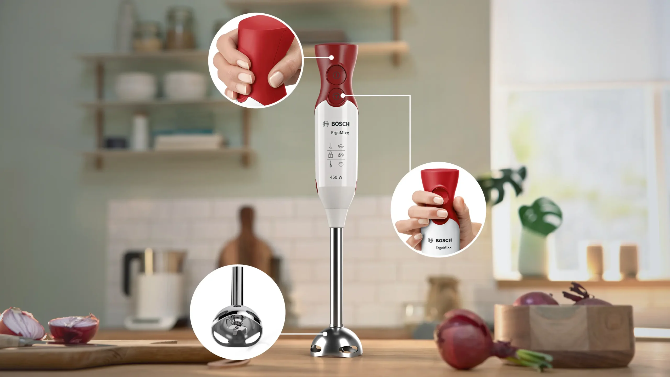 bras Mixeur plongeant BOSCH original ErgoMixx 450 W MSM64110 Blanc, rouge – Image 3