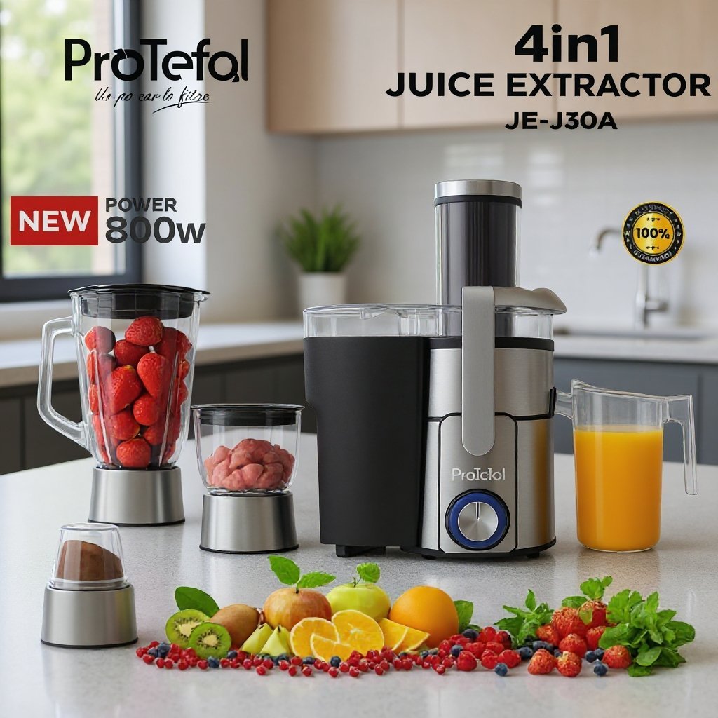 Centrifugeuse inox 4 en 1(Centrifugeuse +Blender en verre + Hachoir en verre +Moulin en verre) 800W ProTefal JE-J30A – Image 3