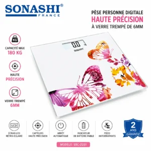 Pèse Personne Digitale 180 Kg LCD Haute Précision A Verre trempé de 6mm SONASHI SSC-2231