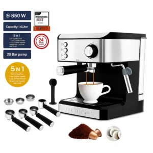 Machine a Café inox 5 en 1 - 20 Bars 850W 1.6L Café poudre et Capsule Nespresso et cappuccino Germany Style TrustMann TM-CM-004