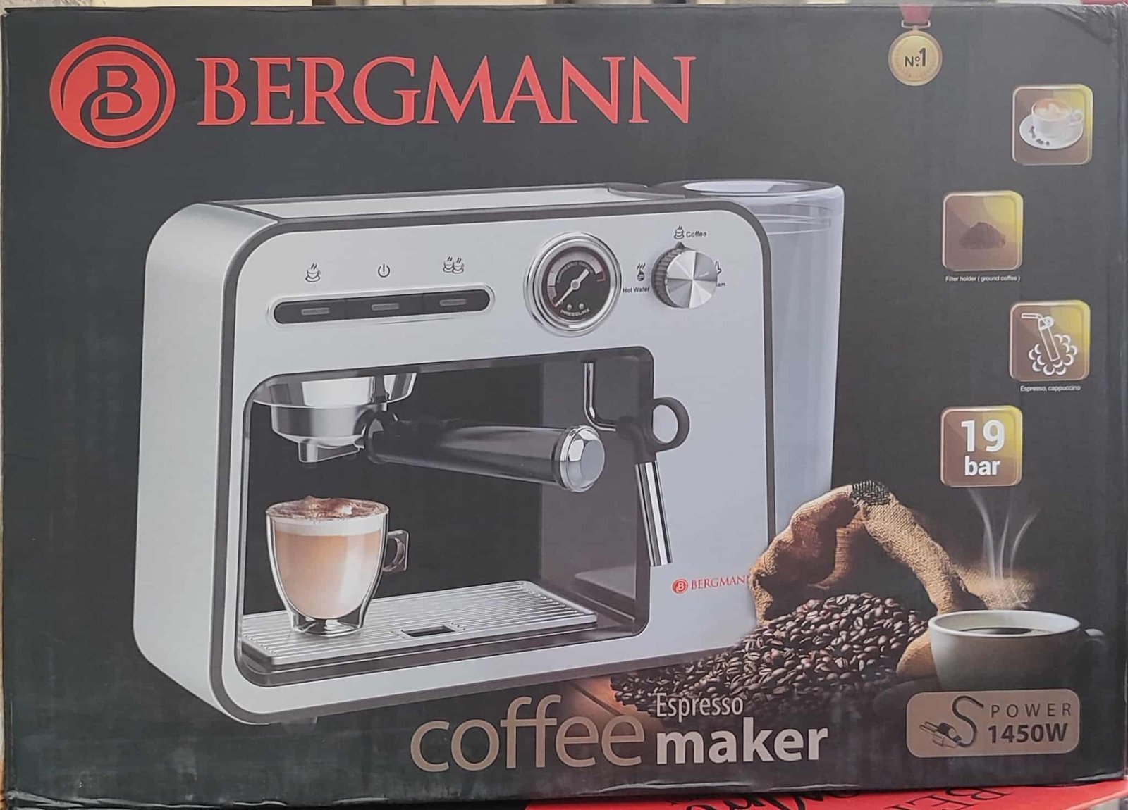 Machine a Café inox Expresso Café Poudre + cappuccino 19 Bars 1450W Bergmann B2023 – Image 2