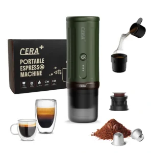 Cafetière CERA+ portable avec batterie, poudre de café et capsules NS pour machine à expresso auto-chauffante avec étui de transport pour campeurs de voyage PCM03S