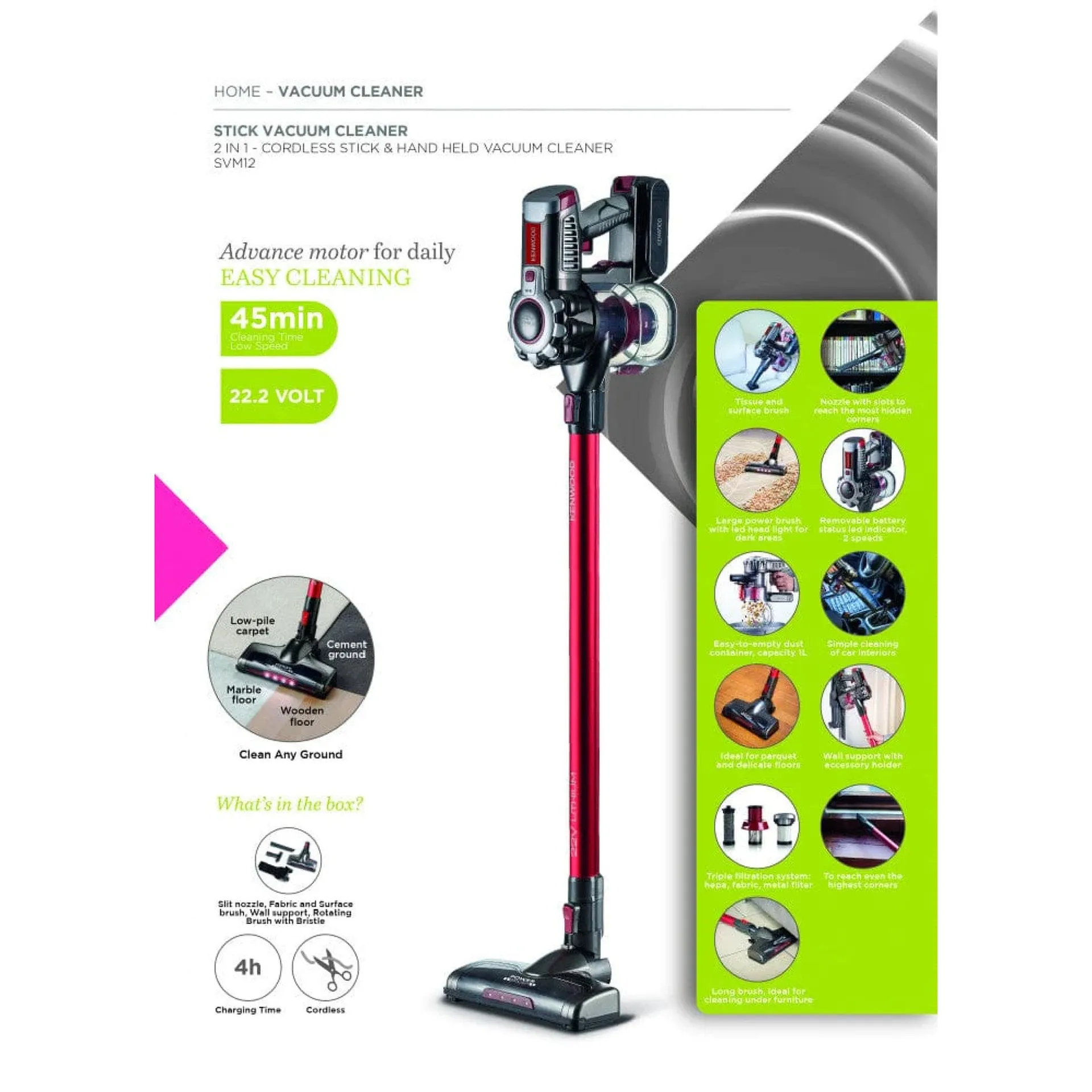Aspirateur sans fil KENWOOD original 22.2 V 160W Aspirateur balai vertical 2 en 1 SVM12 Rouge – Image 2